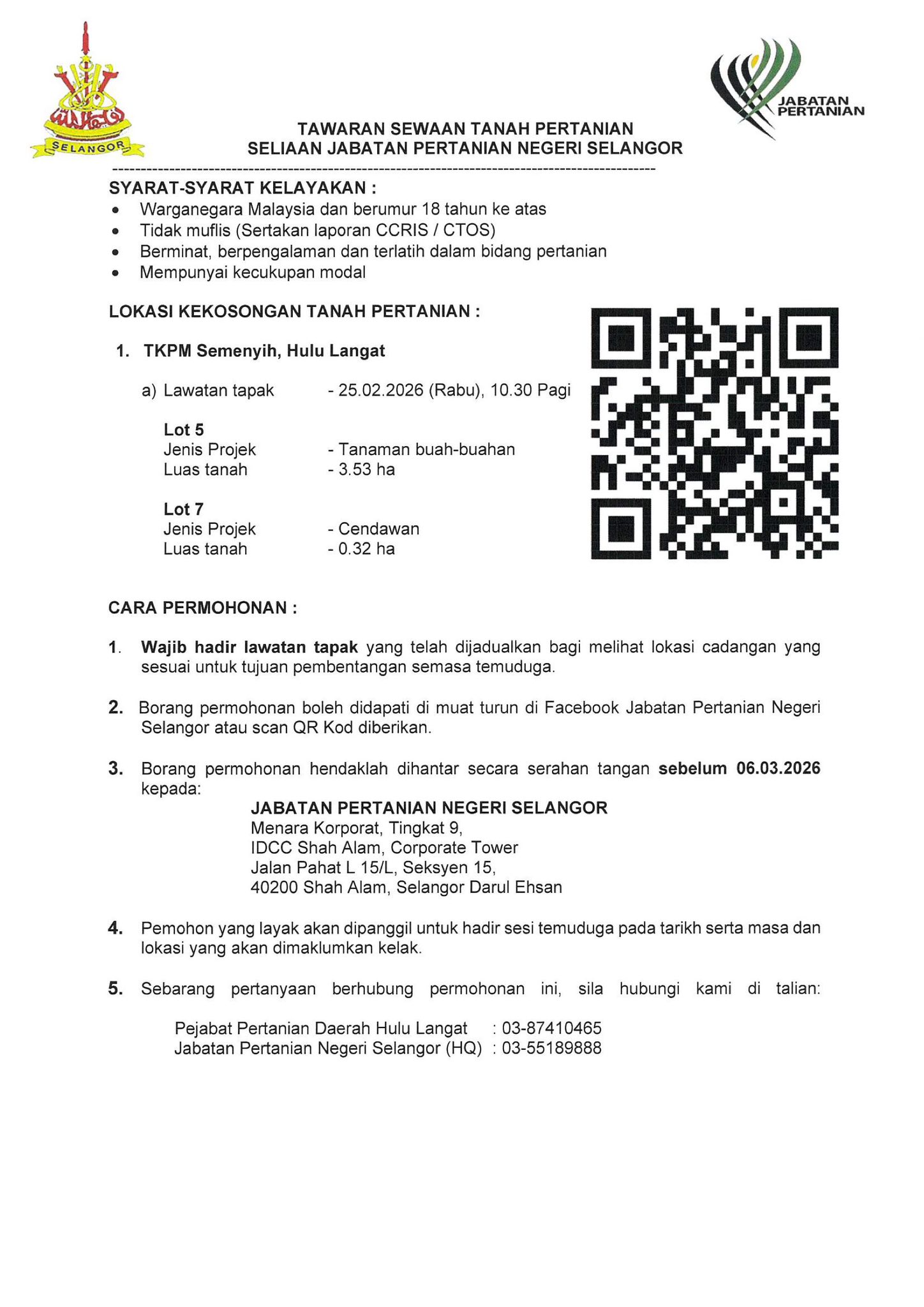 Tawaran Sewaan Tanah Pertanian Seliaan Jabatan Pertanian Negeri Selangor